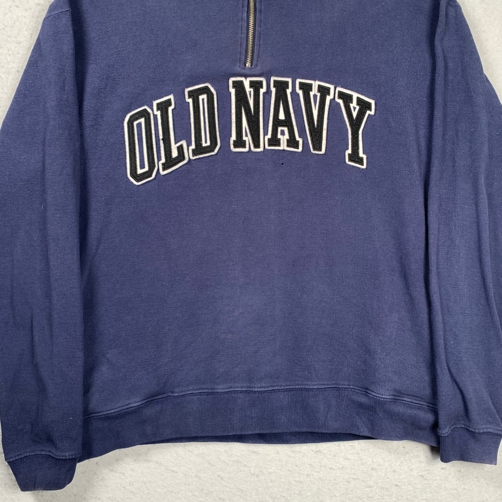 Vintage Old Navy Quarter Zip Pullover Mens M Blue Waffle Knit Logo Sweatshirt - Picture 5 of 12